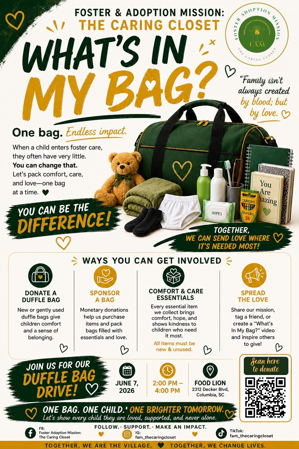 What's In My Bag Duffle Bag Donation Drive Flyer